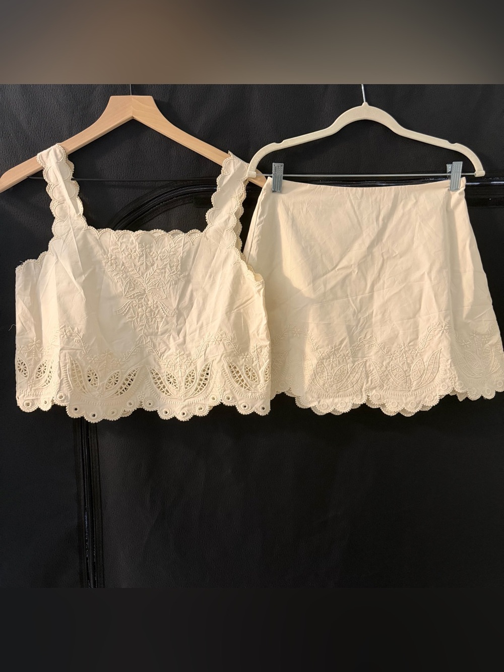 Mable Cream Tan Scallop Skirt Tank Set S Embroidery Feminine Cottage Dainty